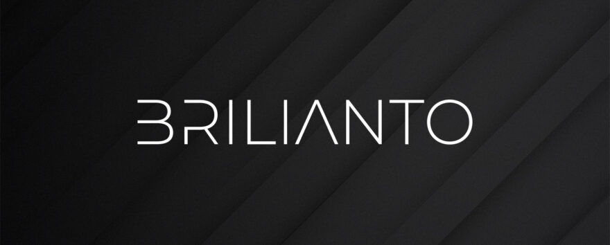 Logotipo Oficial de Brilianto sobre el fondo Brilianto. Un fondo 3d gris oscuro con un patrón de líneas diagonales.