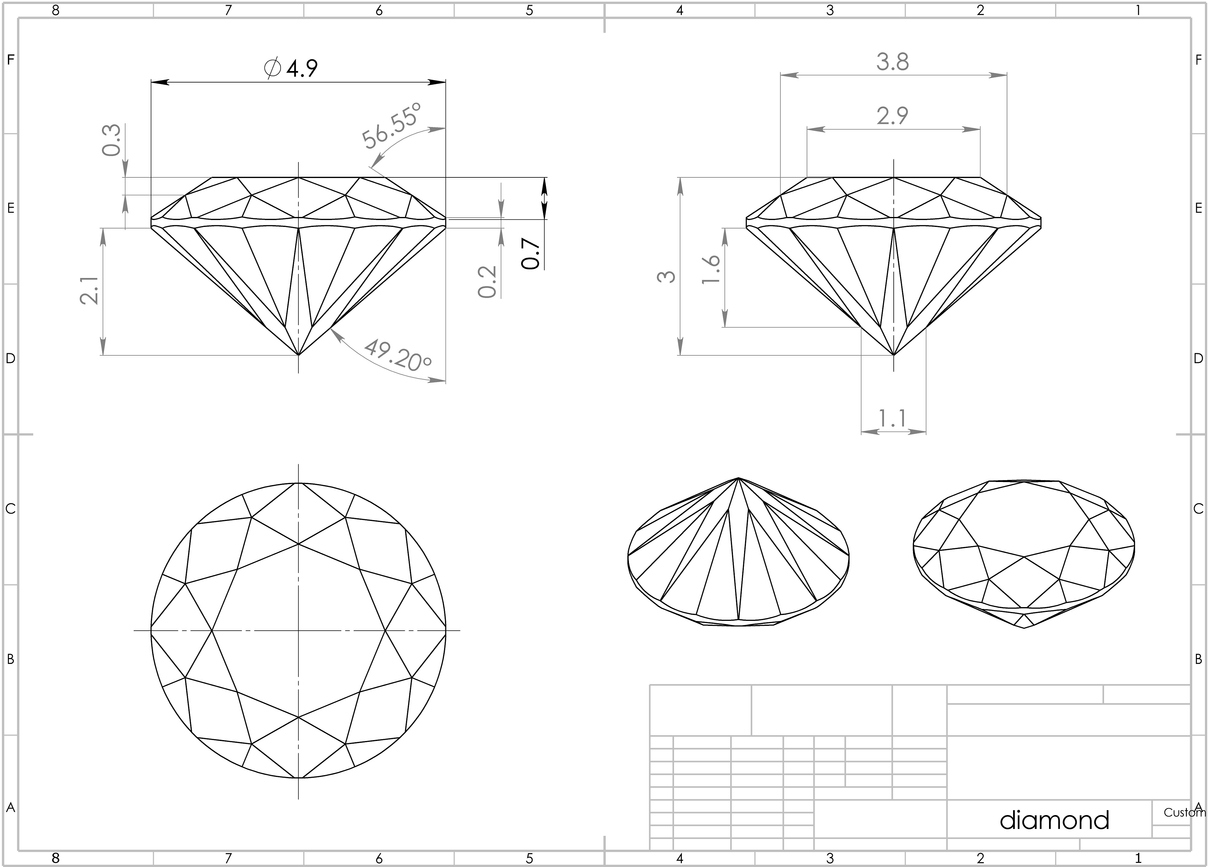 Renderizado 3D de un diamante brillante sobre un detallado dibujo de ingeniería. La fusión perfecta de la belleza y la precisión en la joyería.