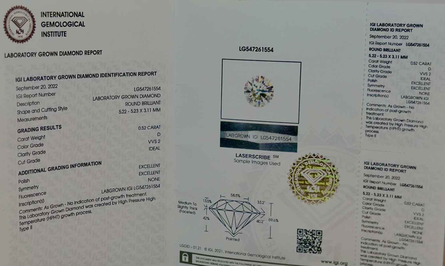 Certificado de autenticidad IGI (International Gemological Institute) que especifica las características técnicas de un diamante Brilianto junto al sello oficial de IGI.