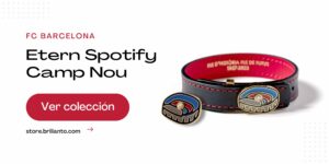 Banner de la colección de diamantes Etern Spotify Camp Nou. Pulsera 1957 junto la insignia 1957, acabadas en oro 18K y esmalte.